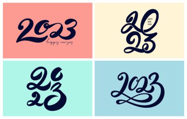 2023 numaralı el çizimi. Kart, kartpostal, takvim, terfi, satış tasarım şablonu için 2023 logosu. Mutlu yeni yıl sembolleri. Noel vektörü unsurları. Renkli arkaplanda izole.