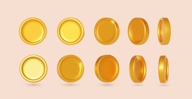 Altın sikkeler. Dönüşümlü altın para. Kumar oyunları, ikramiye, banka ya da finansal illüstrasyon için kullanılabilir koleksiyon. Video oyunu ödülleri, kurdeleler için kullanılabilir. Gerçekçi vektör illüstrasyonu