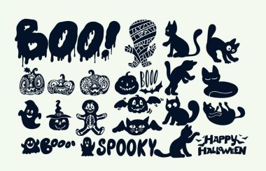 Cadılar Bayramı 'nın siluetleri. Tasarımınız için farklı çıkartma siluetleri. Tatil dekorasyonu unsurları. Vektör illüstrasyonu izole edildi.