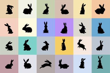 Tasarım için renkli bir arkaplanda izole edilmiş farklı siyah tavşan siluetleri. Yeni yıl tavşanlarının siluetleri dekoratif öğeler olarak kullanılıyor. Tavşanın 2023 yılı. Noel vektörü.