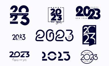 2023 Mutlu Yıllar logosunun yaratıcı büyük seti. 2023 numaralı tasarım şablonu. Noel süslemesi 2023 Mutlu Yıllar sembolleri. Altın etiketli vektör çizimi. Beyaz arkaplanda izole.