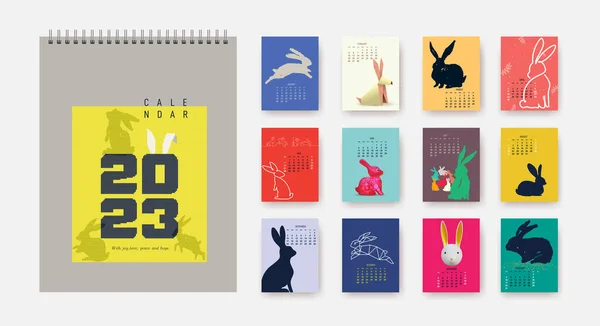 Calendario 2023 Con Varios Conejos Organizador Planificador Cubiertas Colores Meses — Vector de stock
