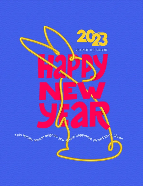 ハッピーニューイヤー 中国の旧正月 2023 ウサギの年 中国の伝統的なポスターやカード 単純な1行スタイルでバニー 金色のウサギのアイコン ベクトル図孤立青の背景 — ストックベクタ