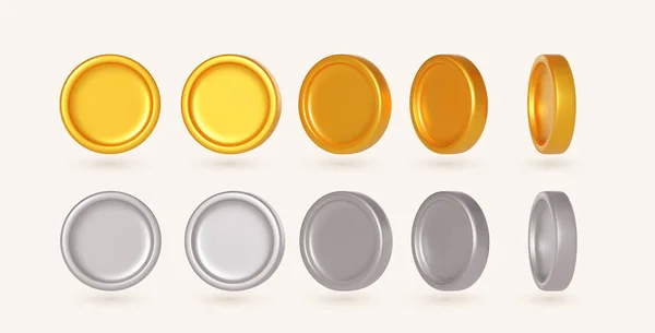 Set Realistischer Vektorkonzepte Für Gold Und Silbermünzen Spinning Gold Silbermünzen — Stockvektor
