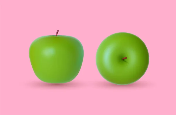 2つの完璧な新鮮な緑のリンゴ サイドとトップビュー ベクトルイラスト ピンクの背景に孤立した現実的な果物 — ストックベクタ
