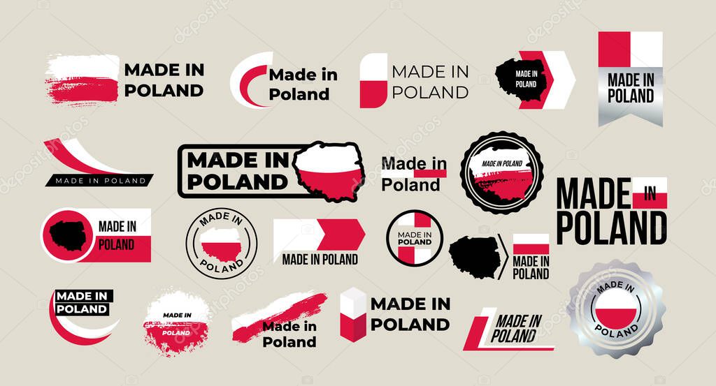 Icon Made in Poland, icon with Poland flag map, for different backgrounds. Big set of label, symbol, stickers, pointer, badge, page curl with Poland flag icon on design element. Vector illustration.
