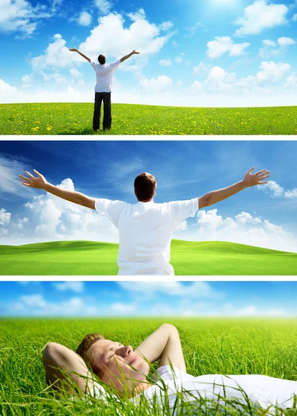 Happy man on spring field, set of banners Royalty Free Stock Images