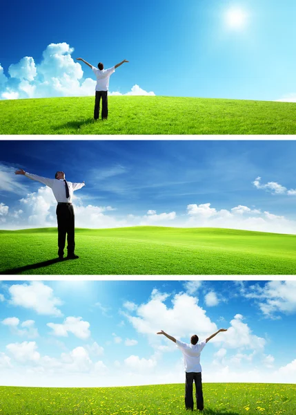 Hombre feliz en el campo de primavera, conjunto de pancartas —  Fotos de Stock