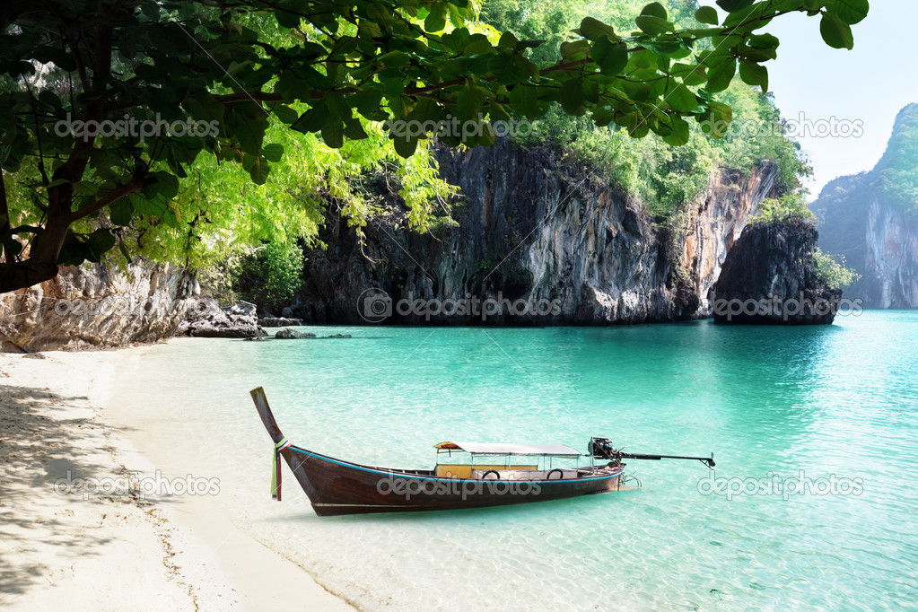 boat on beach of island in Krabi Province, Thailand