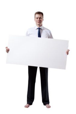 iş adamı whith boş tahta el ve ayakkabısız