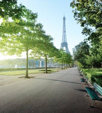 Güneşli bir sabah ve Eyfel Kulesi, Paris, Fransa