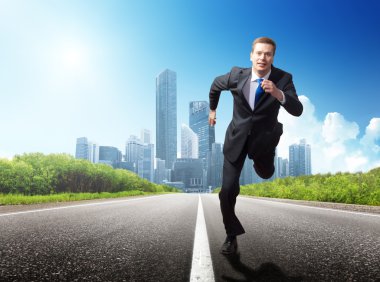 business man run on the road clipart