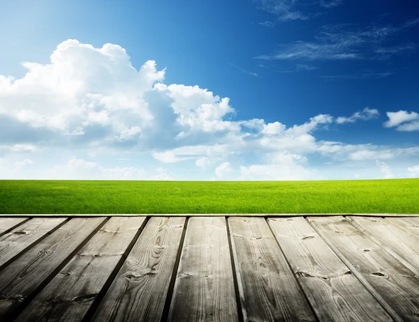 Groen veld en houten vloer — Stockfoto