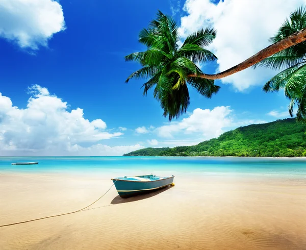 Boot op strand mahe island, Seychellen — Stockfoto