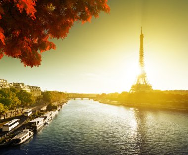 Paris'te Eyfel Kulesi ile sonbaharda SEINE.