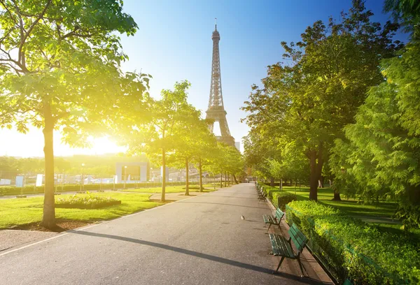 Zonnige ochtend en Eiffeltoren, Parijs, Frankrijk — Stockfoto