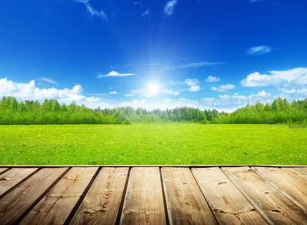 Lente veld en houten vloer — Stockfoto