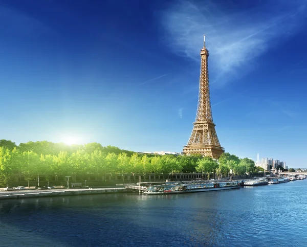 Seina v Paříži s Eiffelovou věží za úsvitu — Stock fotografie