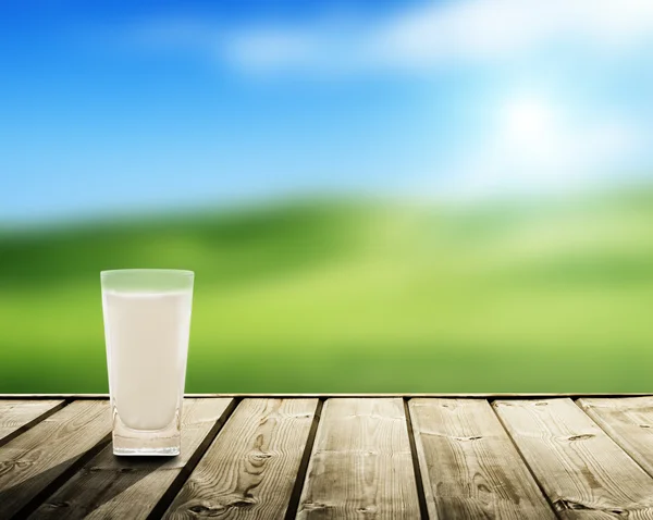 Milk and sunny spring field — Stock Photo, Image