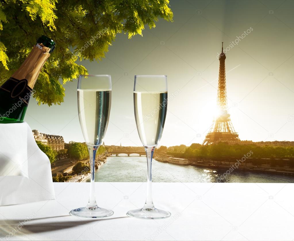 champaign Glasses and Eiffel tower in Paris