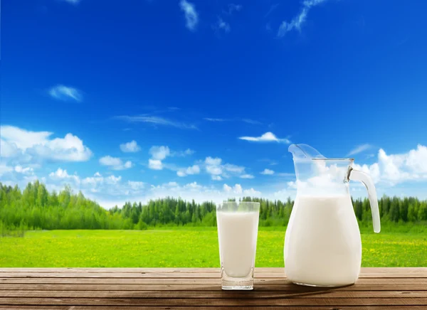 Milk and sunny spring field — Stock Photo, Image