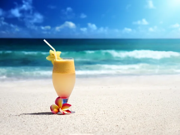 Mezcla de zumos de frutas frescas en una playa tropical — Foto de Stock