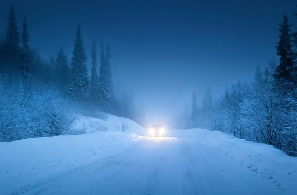 Luci di auto e strada invernale nel bosco — Foto Stock