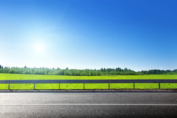 Road and field of spring grass — Stock Photo, Image