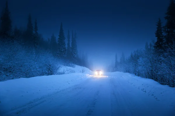 Огни автомобиля и зимняя дорога в лесу — стоковое фото