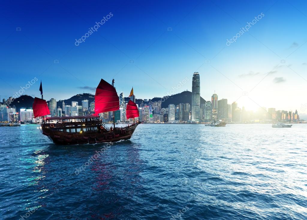 Hong Kong harbour  in sunset time