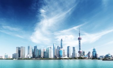 Shanghai skyline and sunny day clipart