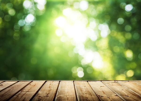 wooden surface and sunny forest