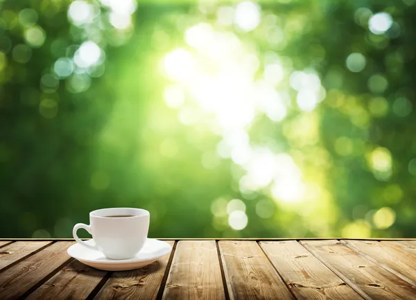 Tazza di caffè e alberi soleggiati sfondo — Foto Stock