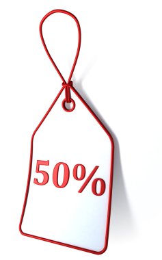 yüzde 50 indirim etiketi üzerinde beyaz izole
