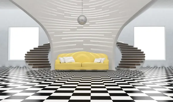 Habitación con escalera y sofá amarillo moderno —  Fotos de Stock