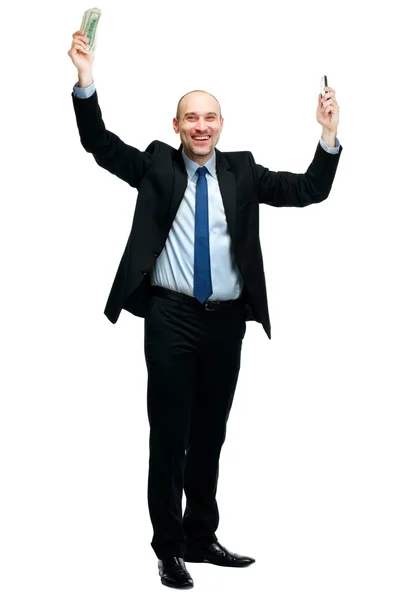 Happy man holding money and phone, isolated on white background — Stock Photo, Image