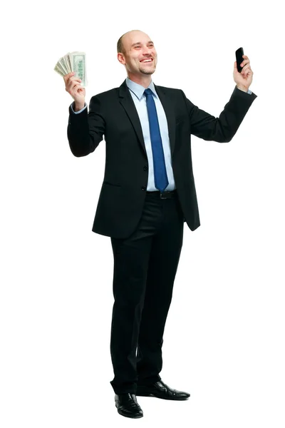 Happy man holding money and phone, isolated on white background — Stock Photo, Image