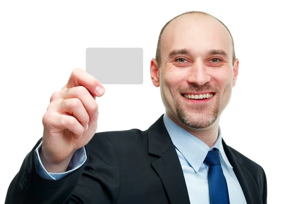 Affärsman lämna ett tomt visitkort över vit bakgrund — Stockfoto