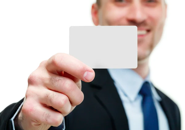 Close-up of business card in business man's hand — Stock Photo, Image