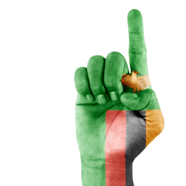 Zambia Flag On Pointing Up Hand — Stock Photo, Image