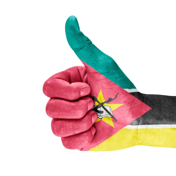 Flag Of Mozambique On Thumb Up Hand — Stock Photo, Image