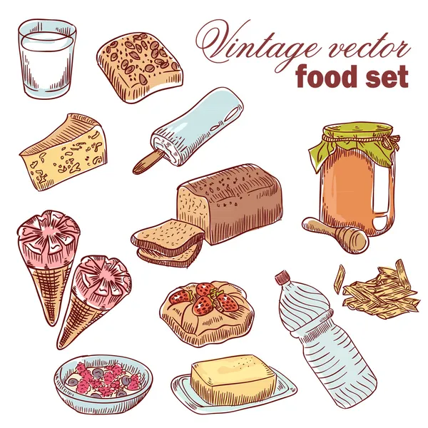 Handgezeichnetes Vintage-Food-Set mit verschiedenen Leckereien — Stockvektor