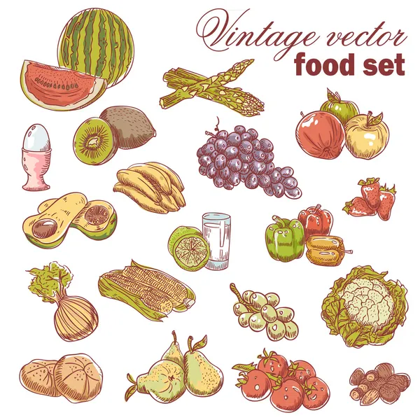 Conjunto de alimentos vintage desenhados à mão com frutas e legumes — Vetor de Stock