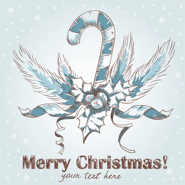 かわいいクリスマス手描き下ろしインク キャンディの杖とレトロなポストカード — ストックベクタ
