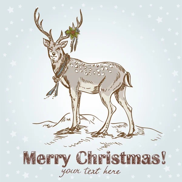 Cute Christmas hand drawn retro postcard with deer — Stock Vector