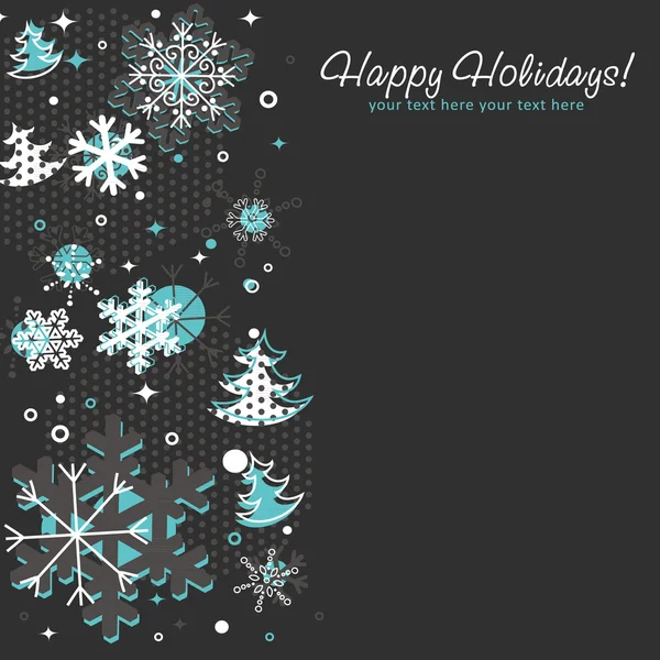 Hópelyhek, karácsonyi fenyők és csillagok díszes karácsonyi kártya — Stock Vector