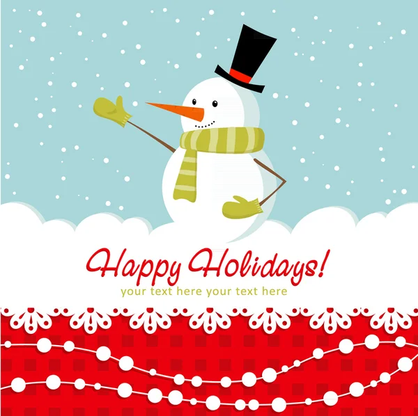 Tarjeta de Navidad adornada con muñeco de nieve y encaje decorativo — Vector de stock