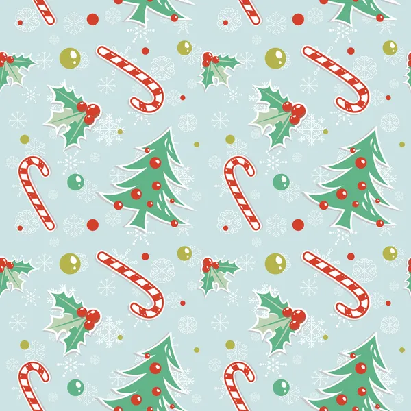 Seamless pattern with cute cartoon Christmas tree with balls — Stock Vector