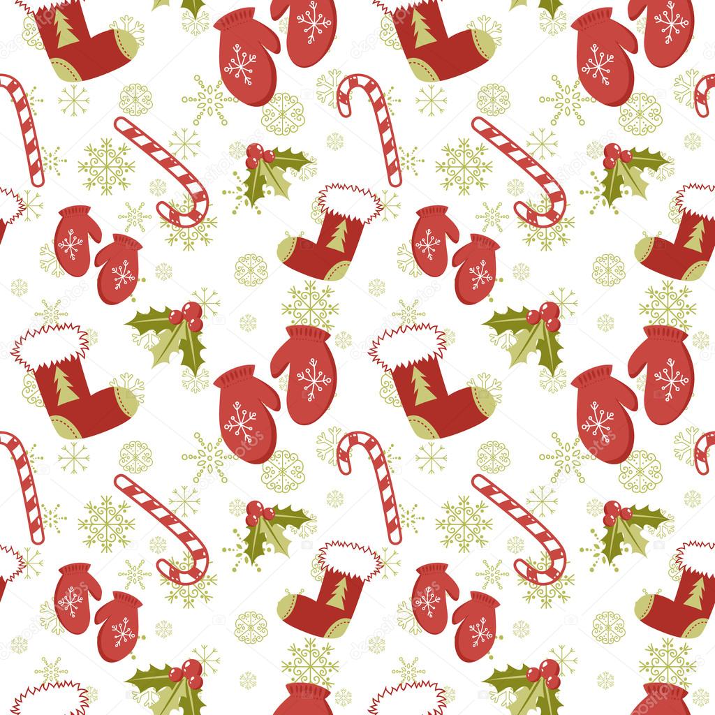 Seamless pattern with Christmas mittens and red stocking