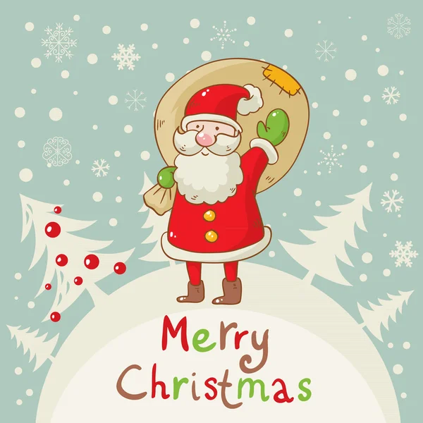 Merry Christmas card with cute Santa and a sack of presents — Stock Vector